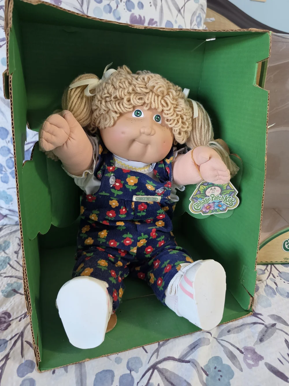 Cabbage Patch Kids 1980s Blonde Curly Hair, Flower Overalls Doll in Original Box